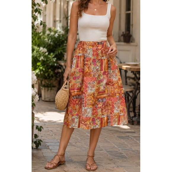 CJ Banks Dresses & Skirts - CJ Banks Orange Paisley Floral Patchwork Embroidered Midi Skirt Boho Plus Sz 16W